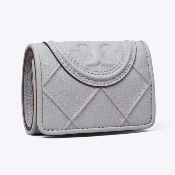 Tory Burch Fleming Soft Polished Grain Small Flap Wallet Slate Silver Gray Grey - Picture 9 of 10